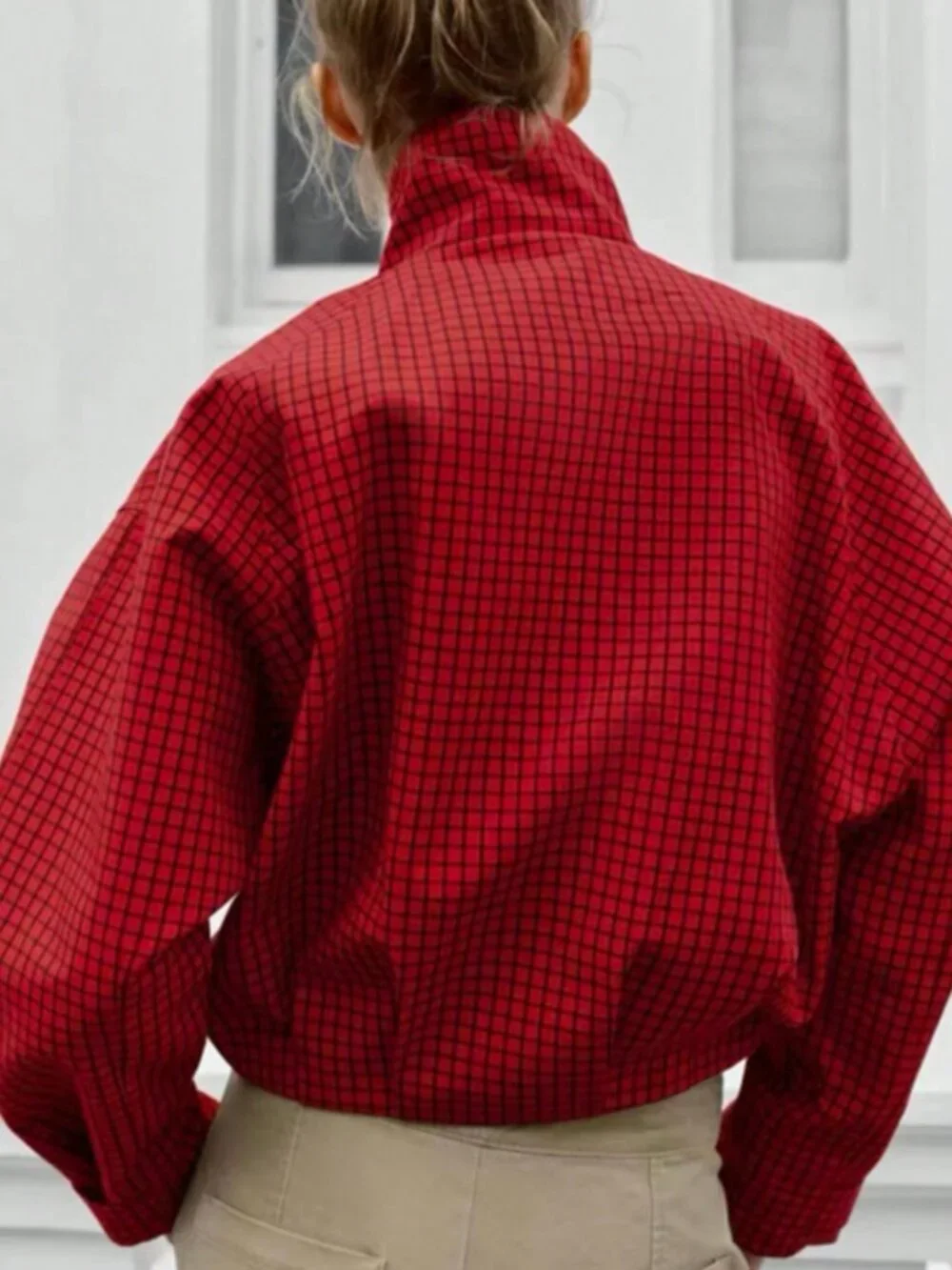Red Plaid Casual Women's Funnel Neck Cloak Sleeve Zippered Regular Length Jacket
